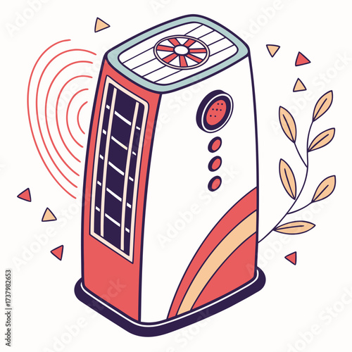 Colorful air purifier with glowing panel and plant