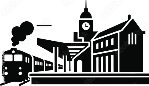 Classic train station with steam train arriving