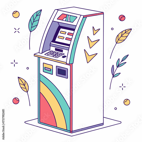 Colorful atm machine with leaves and circles illustration