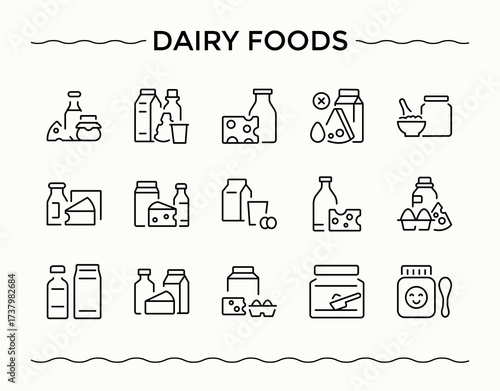 Dairy Foods modern icon set. Included milk products, farming, drink, beverage, food, dairy products and more. Dairy Foods modern icon set. Modern vector UI icons. Vector illustration.