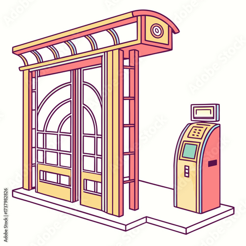 Colorful bus stop shelter and ticket machine kiosk