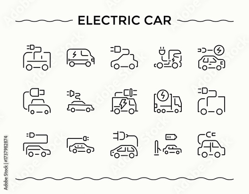 Electric Car icon collection. Car icon collection. Minimalist linear icons. Related to electrical, transportation, vehicle, car, hybrid, renewable and more. Editable vector art.