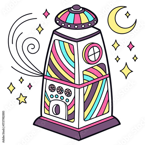Colorful cartoon air purifier with moon and stars illustration