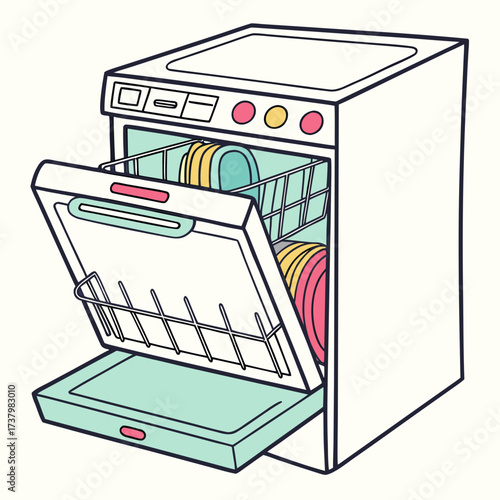 Colorful cartoon dishwasher with open door and dishes 1
