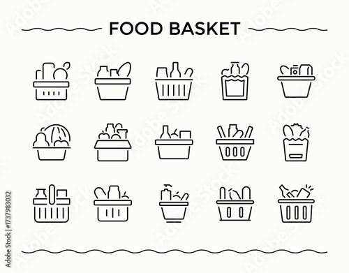 food basket line icon set. Minimalist icons pack. Pack of retail, shop, food, market, basket. Signs for web and mobile app. Supermarket icon set.