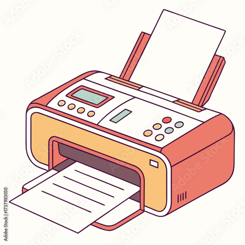 Colorful cartoon office printer with paper output technology