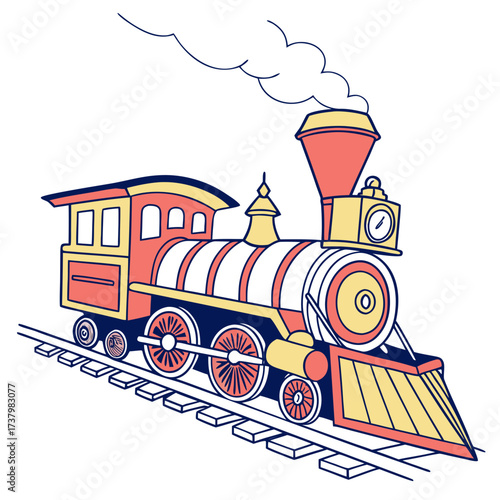 Colorful cartoon steam train engine on tracks steam engine