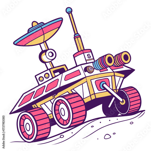 Colorful cartoon space rover exploring a textured surface
