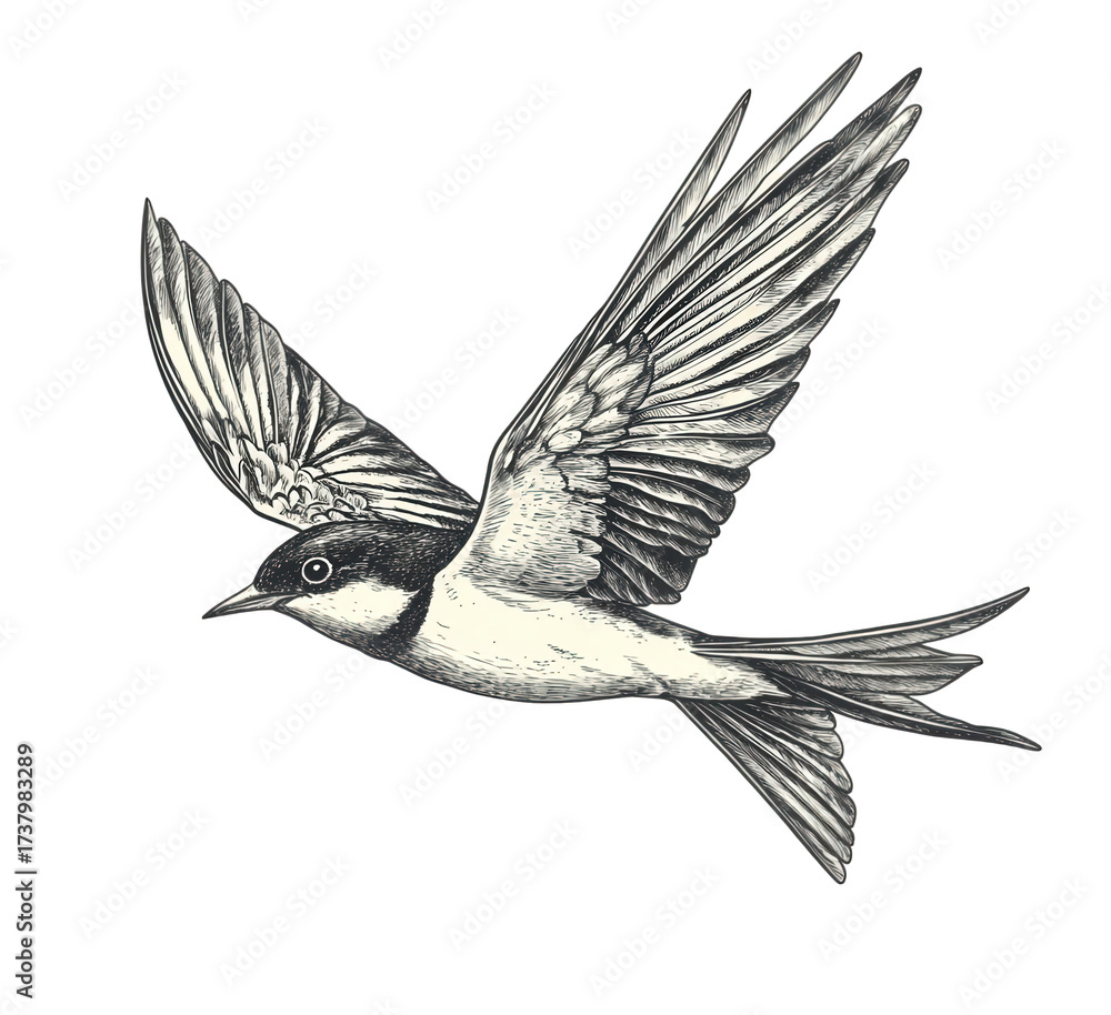 Obraz premium Detailed engraving of a swallow in flight, isolated on transparent background, showcasing its elegant wingspan and streamlined body with intricate feather details