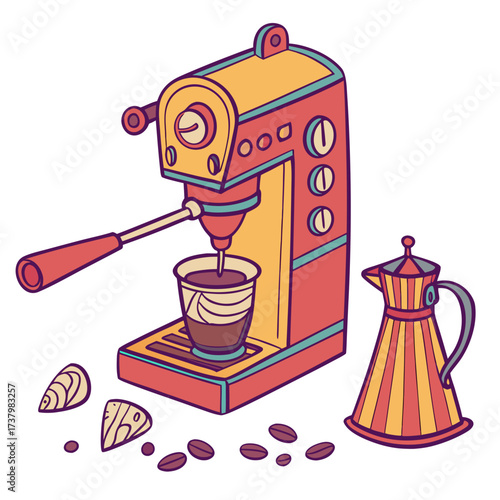 Colorful coffee maker brewing espresso with moka pot and beans