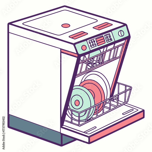 Colorful dishwasher with open rack and dishes kitchen appliance