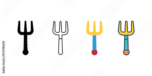 Vector icon pitchfork four styles black solid glyph outline minimal flat multicolor filled cartoon flat shaded.