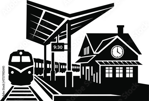Classic train station with locomotive and building