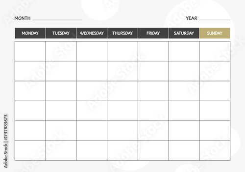 Monthly blank calendar planner template. Week Starts on Monday