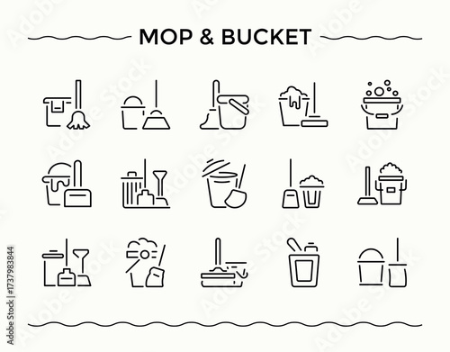 mop and bucket icon set. Thin line icons set. Pixel perfect. Vector illustration. Hygiene icon pack. Contain linear sign bucket, maid, cleaner, window, hygiene and more.