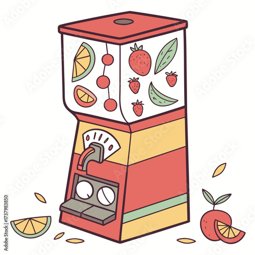 Colorful fruit juice dispenser machine with oranges and strawberries