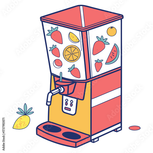 Colorful fruit juice dispenser with strawberries oranges and watermelon