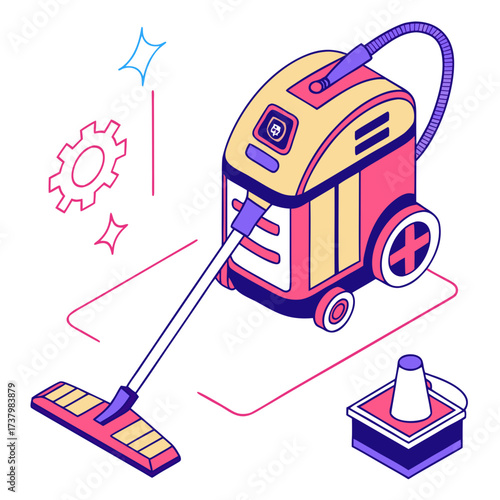 Colorful futuristic cleaning robot with hose and brush
