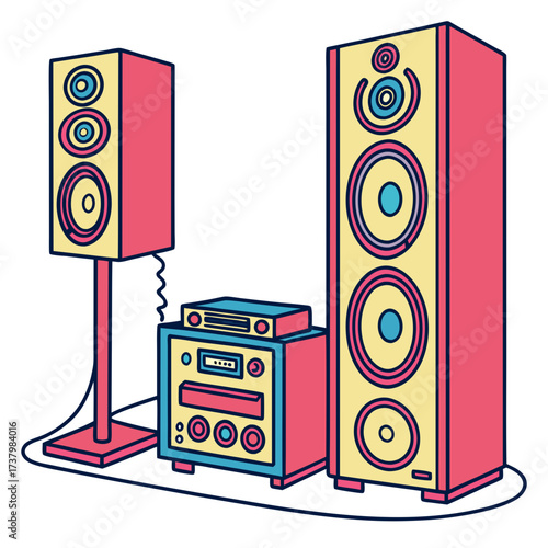 Colorful home theater sound system with speakers and receiver