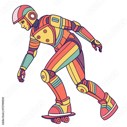 Colorful humanoid robot riding a skateboard machine