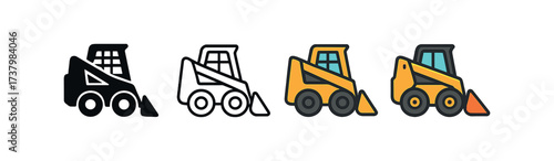 Vector icon skid steer loader four styles black solid glyph outline minimal flat multicolor filled cartoon flat shaded.