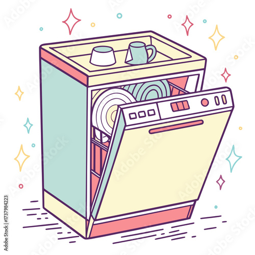 Colorful illustration of an open dishwasher with dishes