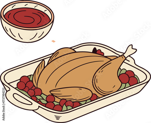 Roasted turkey on serving tray with holiday decorations
