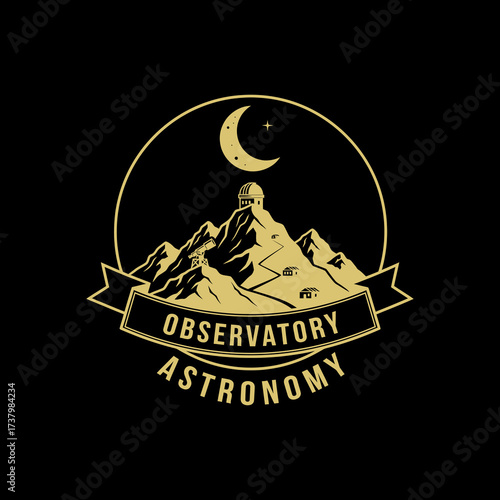 A vintage gold emblem of an astronomical observatory on a mountain peak under a crescent moon.