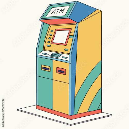 Colorful isometric A T M machine with screen and keypad
