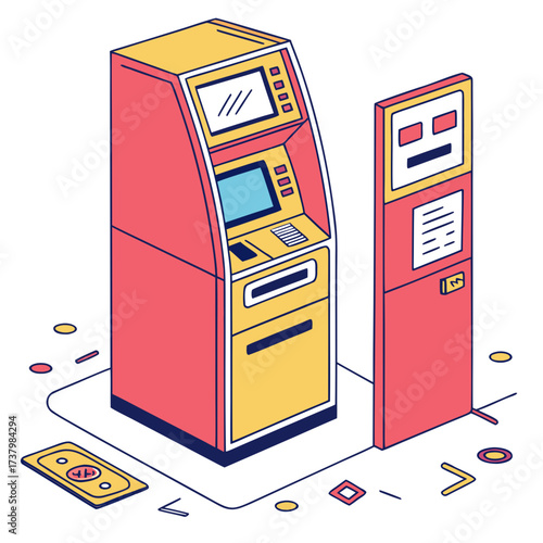 Colorful isometric A T M and cash dispenser illustration