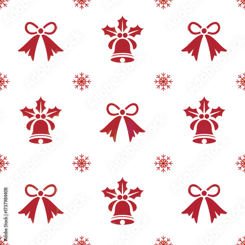Festive red and white christmas pattern featuring bells bows and snowflakes