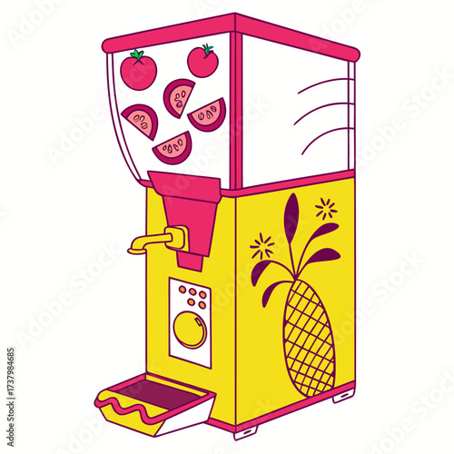 Colorful juice dispenser with tomatoes and pineapple