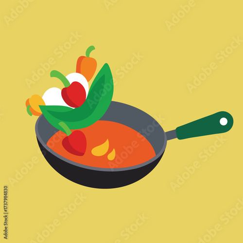 Flat illustration of a frying pan with colorful vegetables cooking