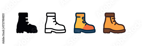 Vector icon work boots four styles black solid glyph outline minimal flat multicolor filled cartoon flat shaded.