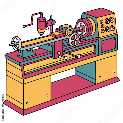Colorful lathe machine with pink yellow and teal industrial equipment