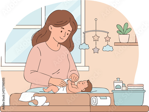 Mother changing her baby's diaper on changing table in nursery with mobile and plant, showcasing tender moment of care and love.