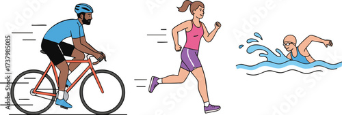 People cycling, running, and swimming representing different sports and activities for a healthy lifestyle, showcasing fitness and wellness.