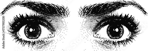 eye with halftone stipple effect vector illustration. eyelashes isolated halftone dots texture black white bitmap retro vintage pop art style collage element for mixed media modern crazy design