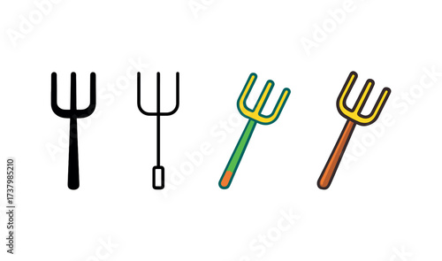 Vector icon pitchfork farm four styles black solid glyph outline minimal flat multicolor filled cartoon flat shaded.