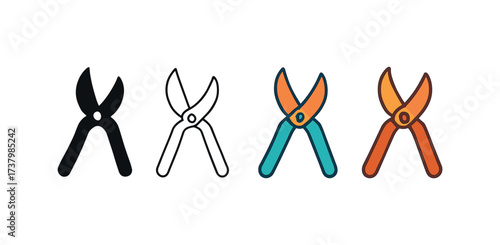 Vector icon pruning shears four styles black solid glyph outline minimal flat multicolor filled cartoon flat shaded.