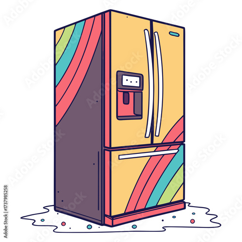 Colorful refrigerator with water dispenser and wavy puddle