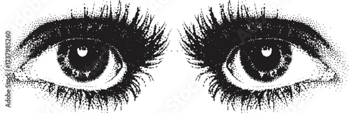 eye with halftone stipple effect vector illustration. eyelashes isolated halftone dots texture black white bitmap retro vintage pop art style collage element for mixed media modern crazy design