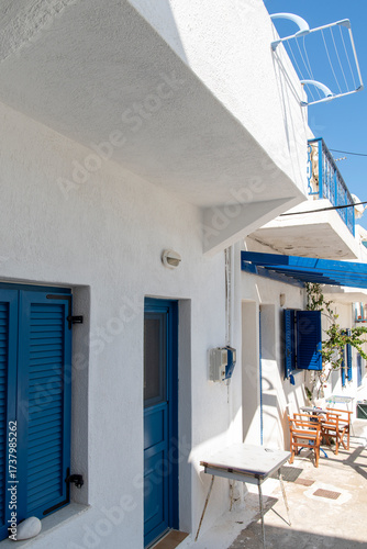 Houses in the village of Apollonas, on the island of Naxos, in the Cyclades, on a sunny summer day.