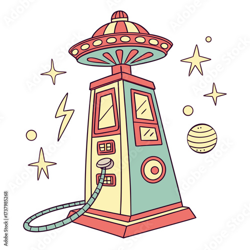 Colorful retro alien spaceship portal with stars teleportation