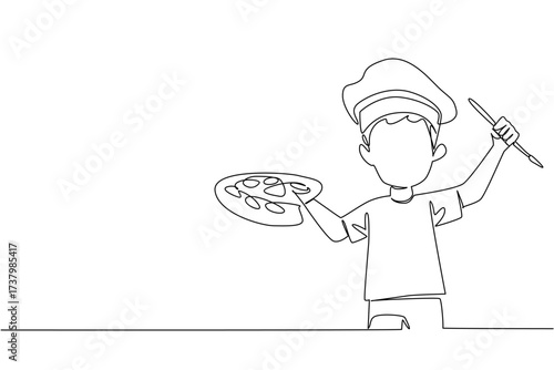 Single continuous line drawing boy wear tshirt hold colorful watercolor palette and watercolor brush with artist beret hat. Playing with imagination. Drawing Day. One line design vector illustration