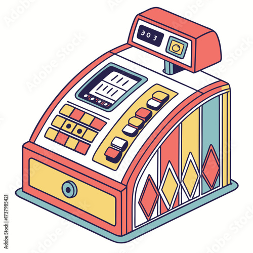 Colorful retro cash register with digital display vintage