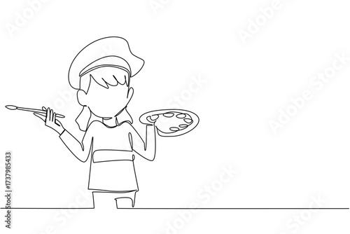 Single continuous line drawing girl wear tshirt hold colorful watercolor palette and watercolor brush with artist beret hat. Little artist. Painter. Drawing Day. One line design vector illustration