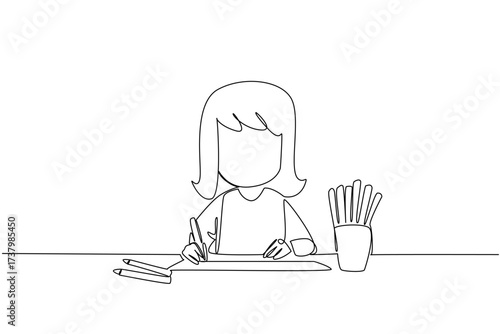 Single one line drawing a girl drawing with colored pencils and a colorful pencil case. Motor sensory lessons. Relying on creativity. Learn. Drawing Day. Continuous line design graphic illustration