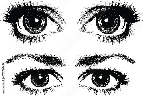 eye with halftone stipple brutalist retro vector. eyelashes isolated halftone dots texture black white bitmap retro vintage pop art style collage element for mixed media modern crazy design