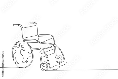 Single one line drawing wheelchair with outermost wheel position replaced with globe. A world suitable for the disabled. Global Accessibility Awareness Day. Continuous line design graphic illustration